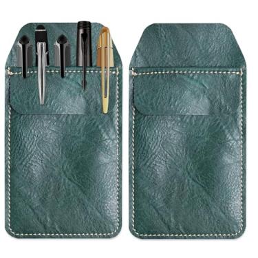 Imagem de Haecsfl 2 peças protetoras de bolso de couro PU, organizador de porta-canetas para camisas, jalecos, calças - multiuso - comporta canetas, ponteiros, lápis e notas (2 - verde escuro)