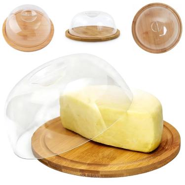 Imagem de Queijeira Cristal Porta Queijo De Bambu Com Tampa Transparente Bandeja De Servir Queijos