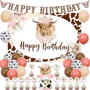 Imagem de JOYMEMO Boho Highland Cow Birthday Decorations Girl, Balões De Vaca Rosa Marrom Decoração De Festa Com Feliz Aniversário Highland Cow Backdrop, Banner, Topper De Bolo, Floral Highland Cattle Farm Bi