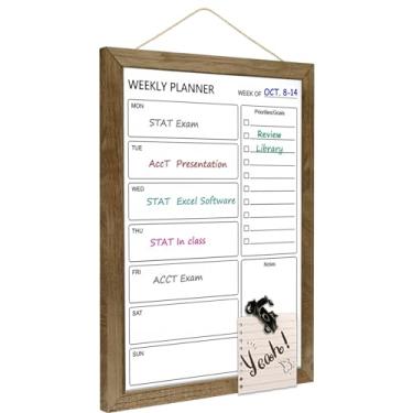 Imagem de TORASO Quadro branco apagável a seco e quadro de calendário semanal, quadro branco magnético para parede, quadro de mensagens emoldurado marrom rústico de madeira maciça de 26,7 x 36,8 cm, quadro