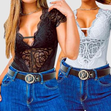 Imagem de Kit 2 Body Feminino Renda Manga Curta Com Bojo Guipir Sexy - Swisz, Pr