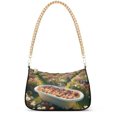 Imagem de Yellow Ducks on Blue Phone Wallet Purse Hobo Designer Bag Women Handbags Shoulder Strap Moon Ladies Shoulder Bag, Jardim de flores vintage para banheira