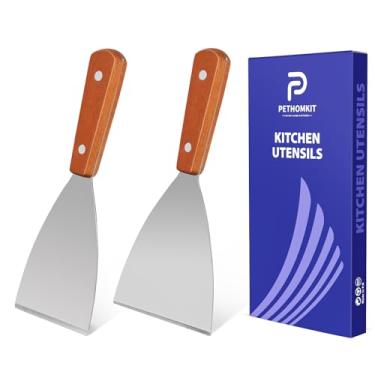 Imagem de Conjunto pequeno de raspador de espátula de metal plano, 2 peças de aço inoxidável, raspador de alimentos, utensílio de cozinha, raspadores de grelha para panqueca e hambúrgueres de pizza, corte
