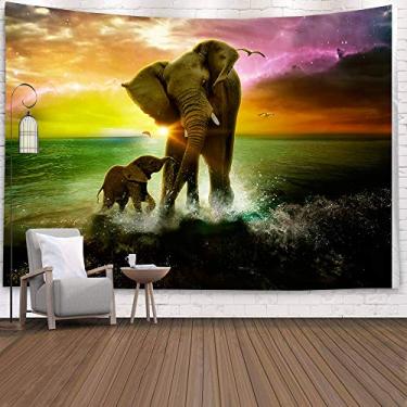 Imagem de generic Tapeçaria Com Tema Animal, Arte De Safári, Elefante Africano E Bebê Brincando No Oceano Ao Nascer Do Sol, Desenhos Da Natureza, Parede Para Pendurar Em Quarto, Sala Estar, Dormitório, Cobert