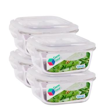 Imagem de Kit 4 Potes de Vidro Hermético 520ML Quadrado Cor Sortida Marmitas Dona Laura