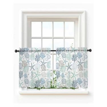 Imagem de Cortinas transparentes costeiras azul-petróleo para quarto, sala de estar, janela, 91 cm de comprimento, verão, praia, estrela-do-mar, coral, náutico, bolso para varão, cortinas de voile, cortinas de
