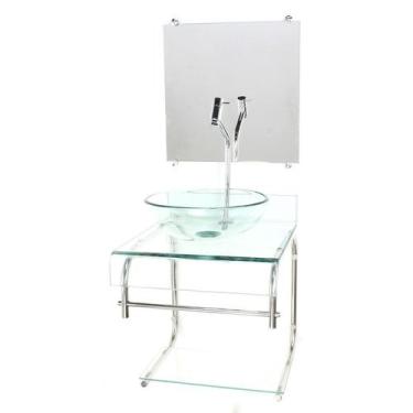 Imagem de Gabinete de vidro 40cm para banheiro curvado duplo inox cuba redonda i