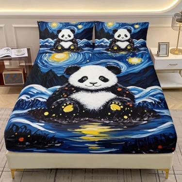 Imagem de AILONEN Jogo de lençol solteiro Kawaii Panda com tema de céu estrelado de Van Gogh com pandas fofos, microfibra macia para crianças e adolescentes (lençol com elástico e 2 fronhas)