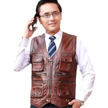 Imagem de Colete De Couro Masculino Colete Marrom Masculino Jaqueta Sem Mangas Grossa Motocicleta Plus Size Colete Multi Bolso, Red, 7XL