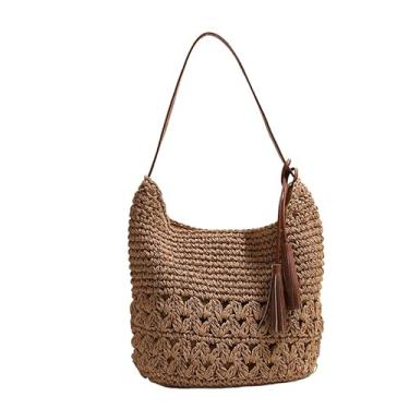 Imagem de Bolsas femininas de tecido de palha boho feitas à mão em crochê em vime hobo bolsa de ombro bolsas de verão praia viagens férias, Marrom