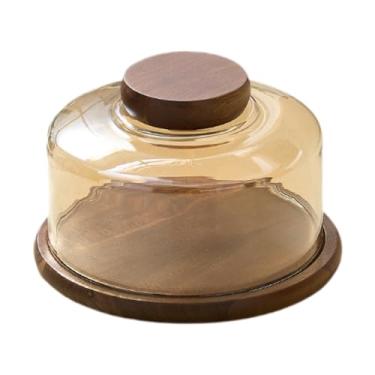 Imagem de DimyFew Suporte para bolo com tampa em forma de cúpula, suporte para decoração, prato de madeira para e presentes de confeitaria, Âmbar