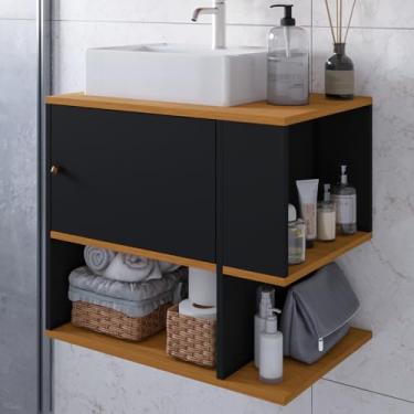 Imagem de Gabinete Beauty Armário Banheiro 1 Porta E Nicho Lateral + Pia Cuba Sobrepor (Preto Freijó)