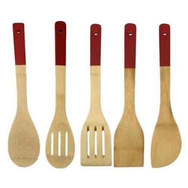 Imagem de Jogo Kit Colheres De Madeira Bambu Cozinha 5 Peças Vermelho - HomeCk