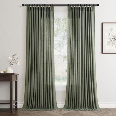 Imagem de Cortinas de linho plissadas verde-oliva com 2 painéis, 2 painéis, elegante cortina plissada para sala de estar, cortinas semitransparentes verde-fazenda neutra para quarto 101 x 236 cm, aba traseira
