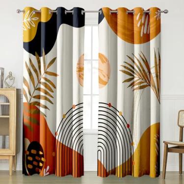Imagem de Cortinas blecaute Boho para quarto 213 cm de comprimento, 2 painéis, abstratas de meados do século, cortinas pretas para sala de estar, ilhós, isolamento térmico, folhas de plantas, cortinas coloridas