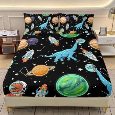 Imagem de AILONEN Jogo de lençol solteiro aconchegante de dinossauro, astronauta, 3 peças com desenho animado de dinossauros espaciais, foguetes, Júpiter Terra, decoração de quarto infantil, 1 jogo de lençol +