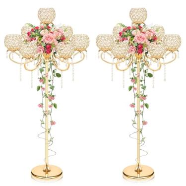 Imagem de Castiçal de cristal de metal de 127 cm com pingentes - Peça central de piso / mesa de várias alturas para decoração de casa, eventos de casamento e festa - Design elegante de tigela de cristal (ouro