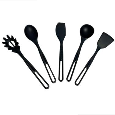 Imagem de Jogo Com 5 Utensílios De Cozinha Em Silicone Preto Resistente ao Calor Não Risca Panela Antiaderente