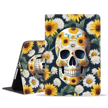 Imagem de JDHJFBFJNP Capa para Samsung Galaxy Tab A9 Plus 11 polegadas modelo 2023 (SM-X210/X216/X218), capa fólio de couro PU premium com suporte para hibernar/despertar automático, caveira e girassol