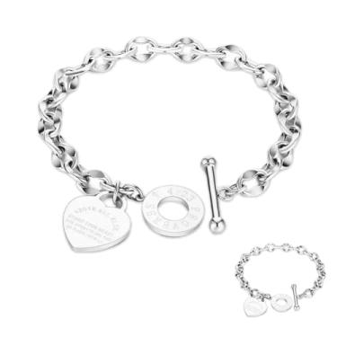 Imagem de pichuxiu Pulseira feminina banhada a ouro 18 quilates com versículo bíblico e coração para mulheres, fecho de corrente de elos em aço inoxidável, prata 9,1