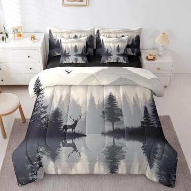 Imagem de Erosebridal Conjunto de cama Queen com silhueta de alce, alce, alce e veado, casa do lago foogy da floresta, 7 peças, para mulheres, homens, chifres, rena, safári selvagem, animal, pinho, botânico