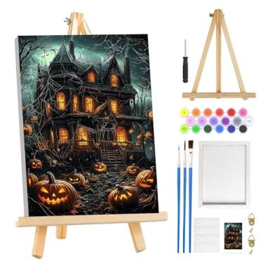 Imagem de MOGTAA Kit de pintura por números de Halloween para adultos iniciantes com moldura, kits de pintura por números de castelo de abóbora em tela com cavalete, kits de pintura a óleo DIY fáceis para