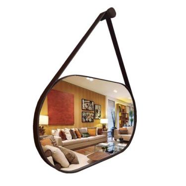 Imagem de Espelho Oval Lavabo com Alça Horizontal Couro - Landi, Café