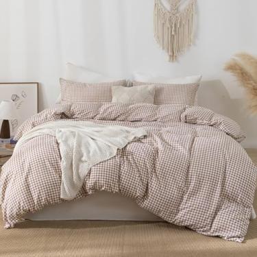 Imagem de YHJWW Conjunto de capa de edredom caramelo guingão, pré-lavado, extra macio, confortável, respirável, 3 peças, xadrez, marrom, quadriculado, conjunto de capa de edredom bonito (Queen 228,6 cm x 228,6