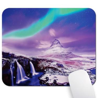 Imagem de Wknoon Mouse pad de 24 x 20 cm (Aurora Borealis), tapete antiderrapante para mesa, superfície lisa para jogos e trabalho de escritório, céu vívido ao anoitecer sobre cachoeiras da montanha Kirkjufell