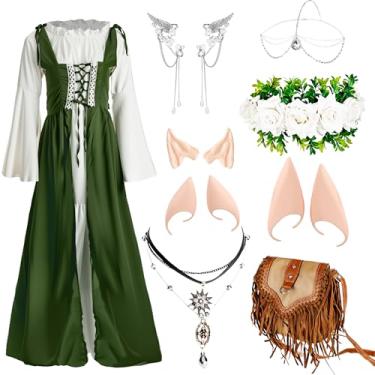 Imagem de Fantasia feminina renascentista vestido medieval fantasia de fada com coroa de flor de orelha de elfo para mulheres adulto cosplay de Halloween (verde, pequeno)