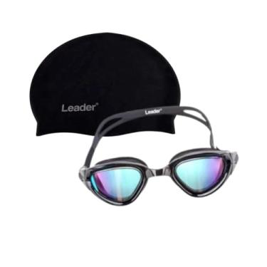 Imagem de Kit Natação Leader Óculos Swell Espelhado + touca Lisa Preta 100% silicone