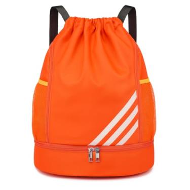 Imagem de Mochila Esportiva com Cordão Espaçosa Bolsa 4 Bolsos Ideal para Esportes Chuteira Bolas Academia Material Impermeável Separação Roupas Secas e Molhadas Unissex (Laranja)
