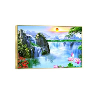 Imagem de BMZFYBS Impressão em tela de paisagem - Cachoeira flores de lótus - arte de parede natural imagem chinoiserie - pôster decorativo moldura dourada 80 x 120 cm 31 x 47 pol