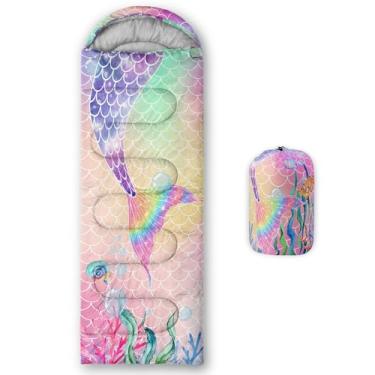 Imagem de Smell Sunshine Saco de dormir infantil para meninos e meninas, estampa de cauda de sereia, leve, quente, portátil, uso interno, impermeável, resistente ao clima frio, saco de dormir para acampamento e