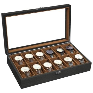 Imagem de Uten Caixa de relógio de madeira maciça, caixa de relógio com 12 compartimentos com almofada macia, caixa de exibição de relógio com tampa de vidro, organizador de suporte de relógio, armazenamento de