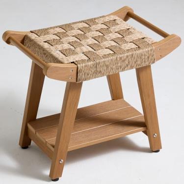 Imagem de JemKelly Banco de chuveiro de vime com prateleira de armazenamento, banco de chuveiro de plástico de poliéster para barbear as pernas, cadeira confortável para banheiro de spa, resistente ao clima