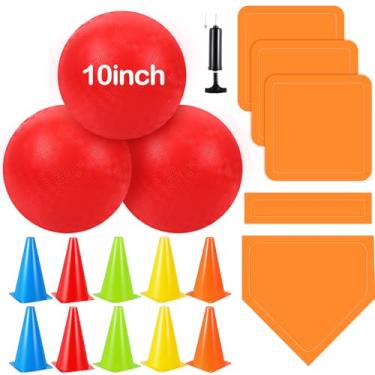 Imagem de Jenaai Kit multifuncional Kickball com 20 peças, inclui 3 bolas de playground, 5 bases de borracha, 1 bomba de bola, 1 bolsa de rede, 10 cones de linha suja para meninos, meninas, adultos, jogos de