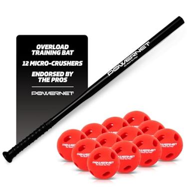 Imagem de PowerNet Acelerador de tacos com conjunto de bolas de treinamento | Treinador de softbol de beisebol com peso sob tamanho | Coordenação de velocidade e mão | Bolas de voo limitadas | Taco skinny e 12 microtrituradores