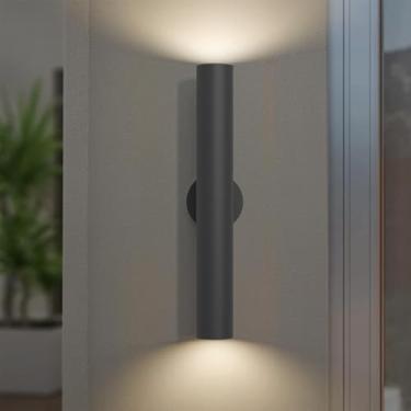 Imagem de Krychiler Cilindro moderno de 55,88 cm, iluminação de parede externa de LED para cima e para baixo, suporte de parede externo de alumínio impermeável, arandelas pretas externas para garagem, varanda