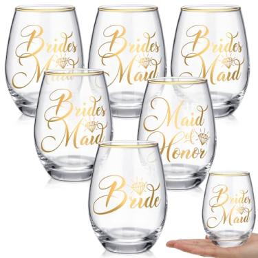 Imagem de Honeydak 7 peças de taças de vinho para dama de honra, presentes de 425 g, copo de vidro para noiva, dama de honra e damas de honra, presentes para casamento, chá de noiva, despedida de solteira