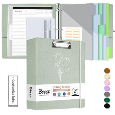 Imagem de BVSSX Fichário de 3 anéis com prancheta, fichários de 5 cm com bloco de notas e 5 divisórias com bolsos, etiquetas, pranchetas de poliuretano para escritório escolar (tulipa verde, tamanho carta)