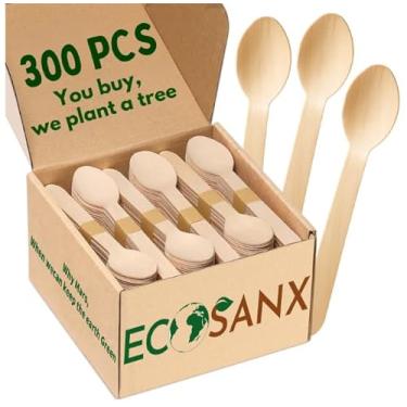Imagem de ECOSANX 300 colheres de madeira para comer, colheres descartáveis pequenas sem lascas de 16,5 cm, ecológicas, colheres compostáveis 100% naturais para uso ao ar livre, colher de bambu descartável para