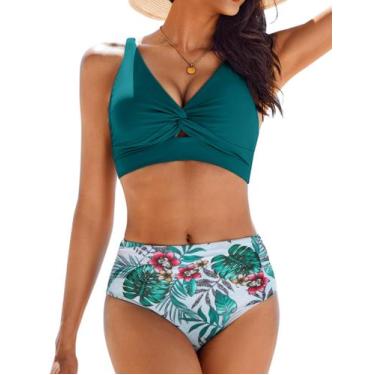 Imagem de Conjunto de biquíni AI'MAGE, macacão de cintura alta, verde, floral