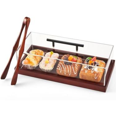Imagem de FoldTier 1 conjunto de bandeja retangular para bolo com tampa, 35,5 x 15,2 x 10,2 cm, caixa de exibição de sobremesa com base de madeira, suporte de acrílico para bolo, bandeja de servir para festas