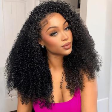 Imagem de Larhali Meia peruca de cabelo humano cacheado Kinky 180% Densidade Wear And Go Perucas de cabelo humano 55 cm encaracolado 3 em 1 meia perucas para mulheres com cordão sem costura para iniciantes