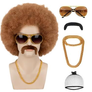 Imagem de FCHLHFC Conjunto de 5 peças de perucas afro masculinas para festa discoteca dos anos 70 (Wig+ óculos + colar de discoteca + bigode + touca de peruca) Perucas Afro Puff para uso em festas de Halloween