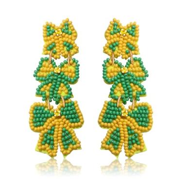 Imagem de Vogueknock Brincos de laço com contas de dia de jogo para mulheres, brincos pendentes de laço de fita tripla para futebol, beisebol, dia de jogo, lembrancinhas de festa, fãs de esportes, joias