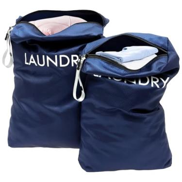 Imagem de ZFLYCANP 2 sacos de lavanderia de viagem com zíper e alça de transporte, bolsa de armazenamento lavável para roupas sujas, cesto de armazenamento resistente para natação, ioga, treino, viagem (azul)