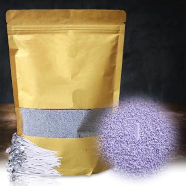 Imagem de DRMAISON Kit DIY de cera de vela perolada e areia – 1000 g, roxo lavanda, não tóxico e livre de fumaça, recarregável com 60 pavios, chama de longa duração, altamente personalizável para decoração de