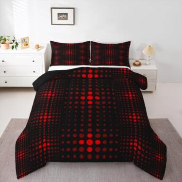 Imagem de Feelyou Conjunto de cama de bolinhas vermelhas macio para meninos e meninas, conjunto de edredom geométrico, tamanho casal, edredom neon, microfibra, decoração de quarto, 3 peças com 2 fronhas
